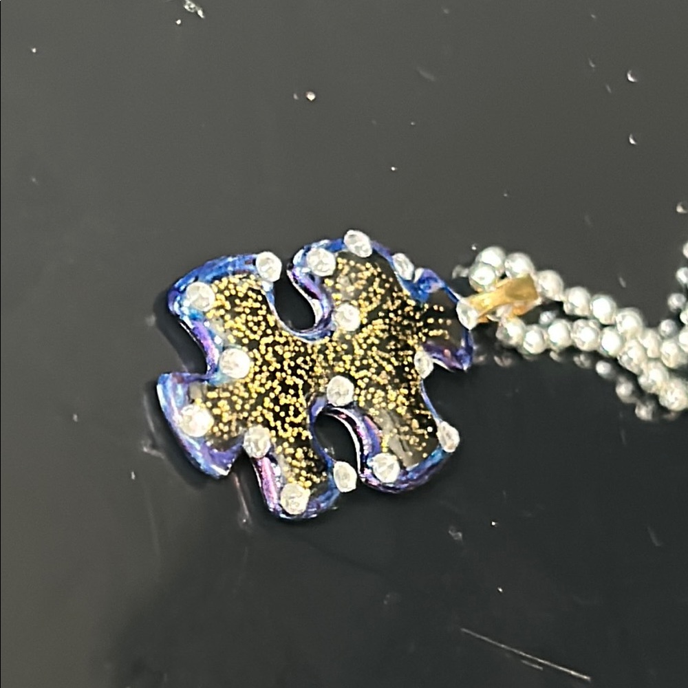 Autism Puzzle Piece Gold and Navy Resin Pendant w/Free Necklace Handcrafted